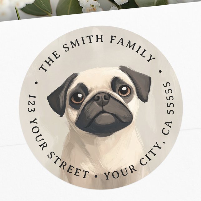 Cute pug illustration return address classic round sticker (Cute pug illustration return address classic round sticker)