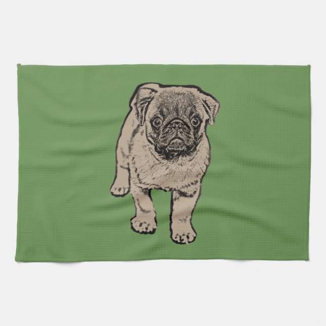 Cute Pug Kitchen Towel -Green (Horizontal)