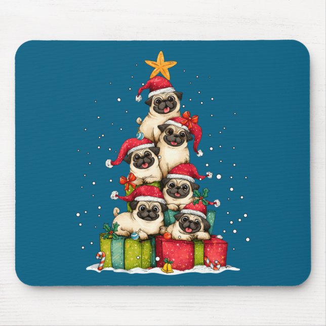 Cute Pug Le Dog Christmas Tree Xmas Hat Long Sleev Mouse Pad (Front)