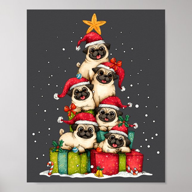 Cute Pug Le Dog Christmas Tree Xmas Hat Long Sleev Poster (Front)