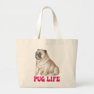 Cute Pug Life Puppy Dog Watercolor Funny Pugs Large Tote Bag