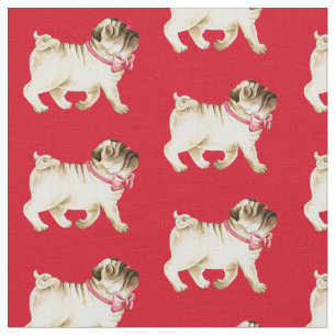 Cute pug nose in the air and bow tie watercolor fabric
