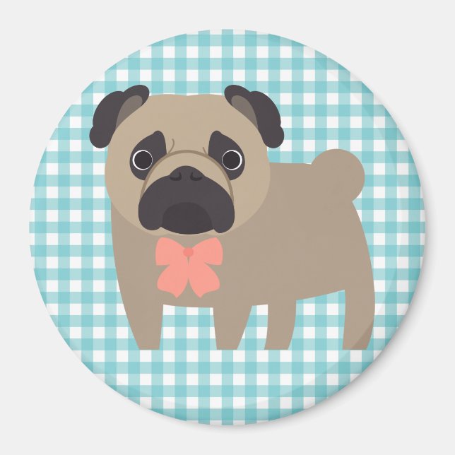 Cute Pug on Blue and White Gingham Design Magnet (Front)
