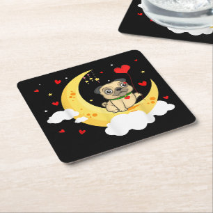 Cute Pug On The Moon Valentine's Day Beauty Square Paper Coaster
