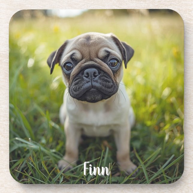 Cute Pug Personalised Beverage Coaster Set (Front)