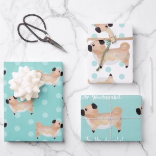 Cute Pug personalised teal patterned dog lovers Wrapping Paper Sheet