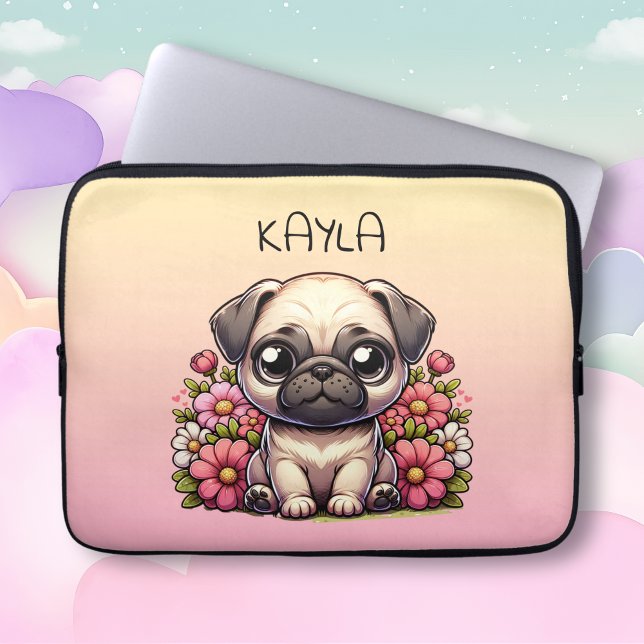 Cute Pug Pink and Yellow Personalised Laptop Sleeve (Creator Uploaded)