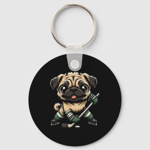 Cute Pug Playing Ice Hockey Dog Design Men Women G Key Ring