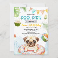 Cute pug pool party theme invite