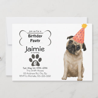 Cute Pug Puppy Birthday Pawty Invitation