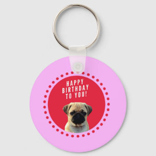 Cute Pug Puppy Dog Happy Birthday Red Dots Pink Key Ring