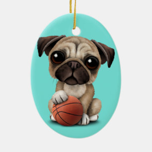 Cute Pug Puppy Dog Playing With Basketball Ceramic Tree Decoration