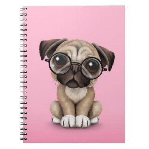 Cute Pug Puppy Dog Wearing Reading Glasses, Pink Notebook