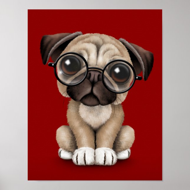 Cute Pug Puppy Dog Wearing Reading Glasses, Red Poster (Front)