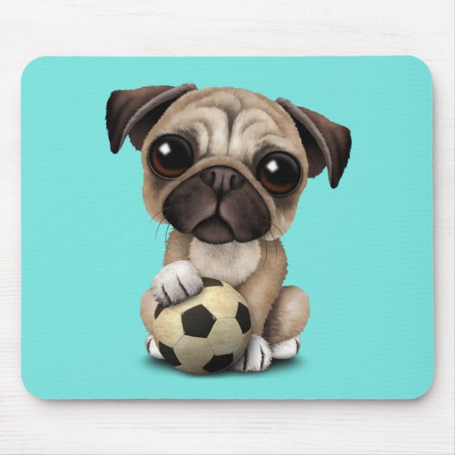 Cute Pug Puppy Dog With Football Soccer Ball Mouse Pad (Front)