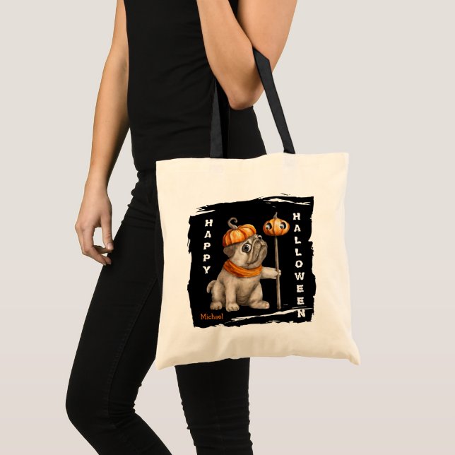 Cute Pug Puppy Kids Halloween Trick or Treat Tote Bag (Front (Product))