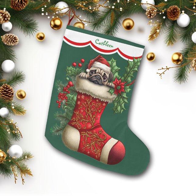 Cute Pug Puppy Peeking Large Christmas Stocking (Creator Uploaded)