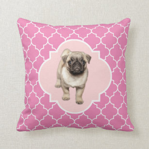 Cute Pug Puppy Pink Quatrefoil Cushion