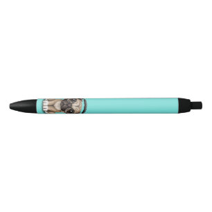 Cute Pug Puppy Wearing Headphones Black Ink Pen