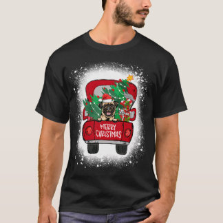 Cute Pug Red Truck Merry Christmas Bleached T-Shirt