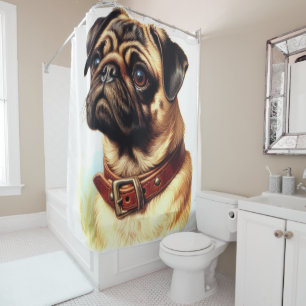 Cute Pug Retro Painting Shower Curtain