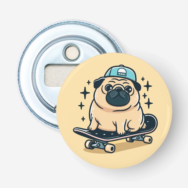 Cute Pug Skate-Boarding Bottle Opener (Front)