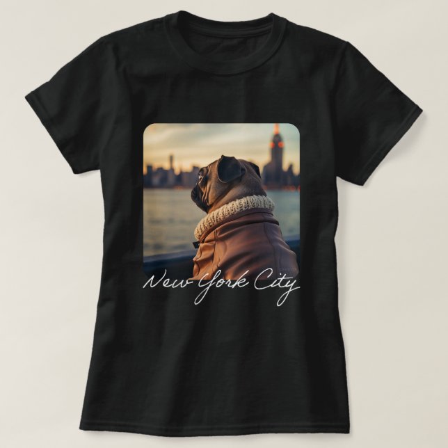 Cute Pug Travels to New York Harbour Funny T-Shirt (Design Front)