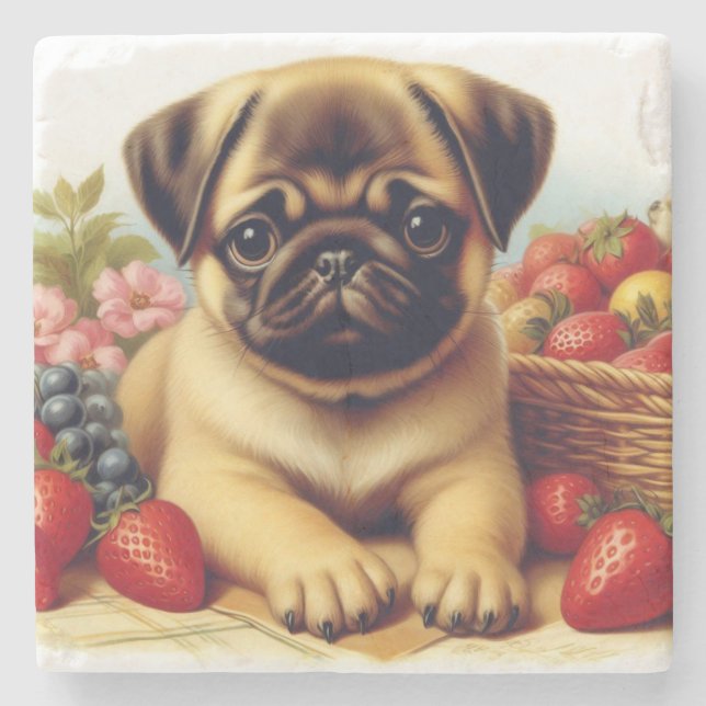 Cute Pug Vintage Painting Stone Coaster (Front)