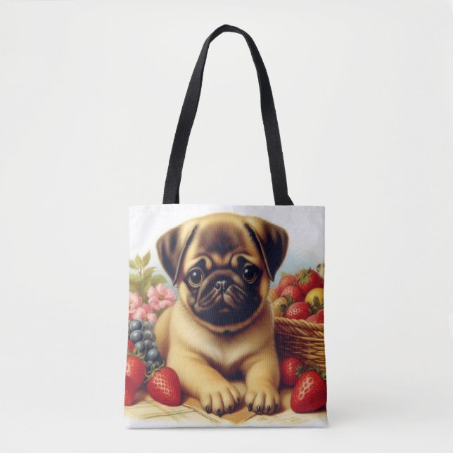 Cute Pug Vintage Painting Tote Bag (Front)
