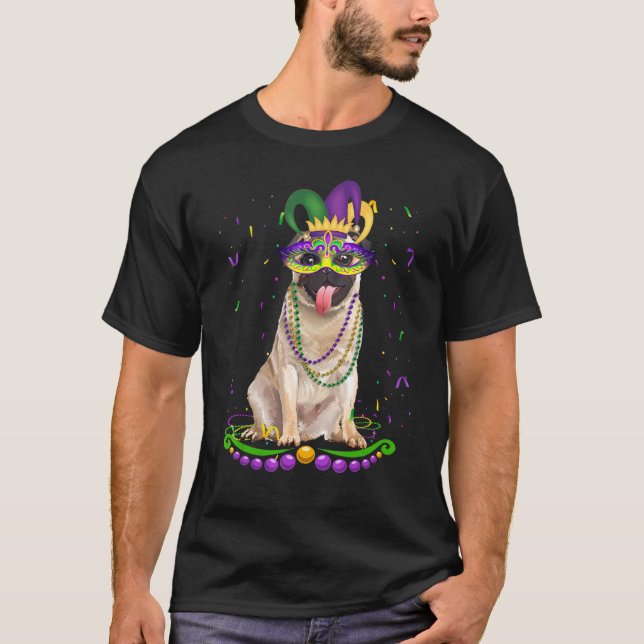 Cute Pug Wearing Carnival Mask Mardi Gras Dogs   T-Shirt (Front)