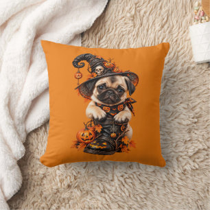 Cute Pug Witch Halloween Pumpkin Cushion