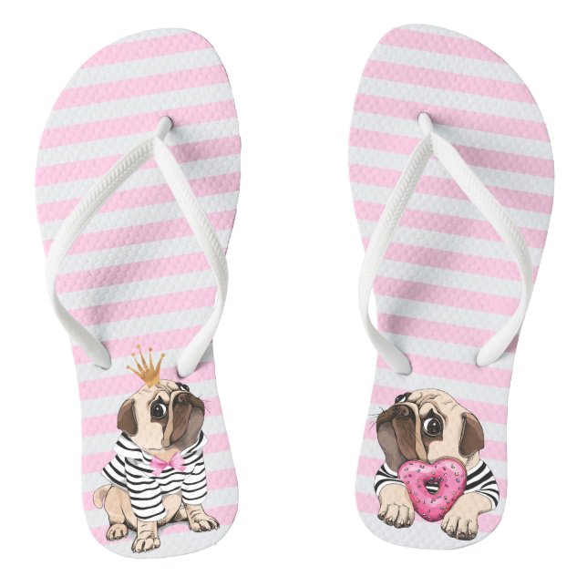Cute Pug with Crown and Pink Heart Doughnut Jandals (Footbed)