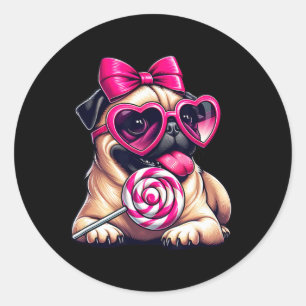 Cute Pug With Heart Sungles Bow Valentine Dog Mom  Classic Round Sticker