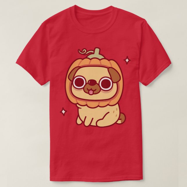 Cute Pug With Pumpkin Hat Funny T-Shirt (Design Front)