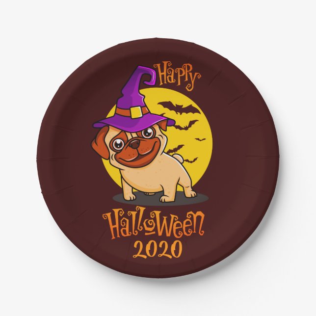 Cute Pug With Purple Witch Hat Halloween Paper Plate (Front)