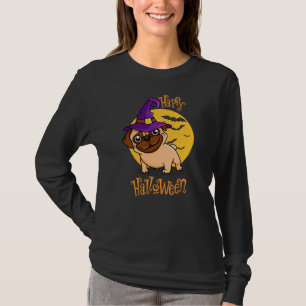 Cute Pug With Purple Witch Hat Halloween T-Shirt