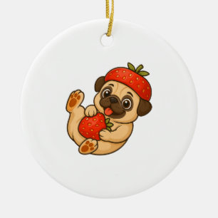 Cute pug with strawberries cartoon sweet fruity ceramic tree decoration