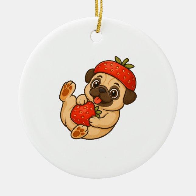 Cute pug with strawberries cartoon sweet fruity ceramic tree decoration (Front)
