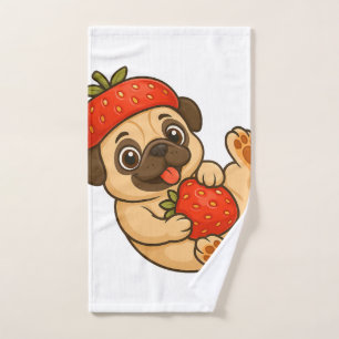 Cute pug with strawberries cartoon sweet fruity hand towel
