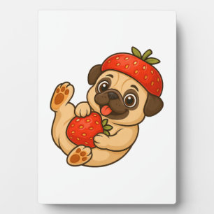 Cute pug with strawberries cartoon sweet fruity plaque