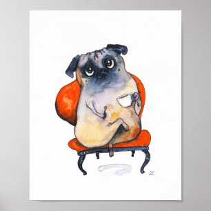 Cute Pug with Tea Cup on Red Armchair Dog Lovers Poster