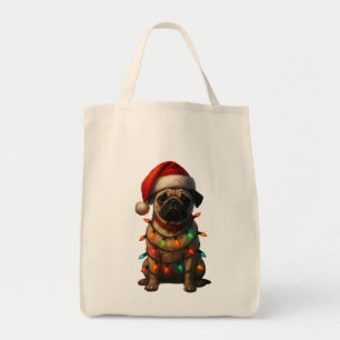 Cute Pug Wrapped in Christmas Lights Wearing Santa Tote Bag