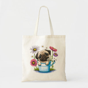 Cute Puggy Puppy with Flowers  Tote Bag