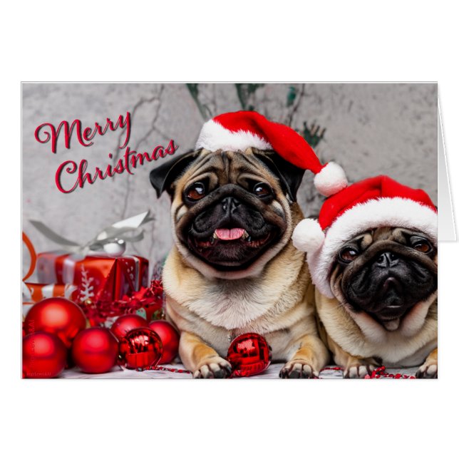 Cute Pugs Merry Christmas Holiday Fun Greeting (Front Horizontal)
