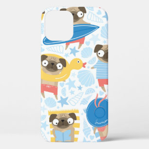 Cute pugs on vacation. pattern with cartoon pug on iPhone 12 case