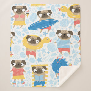 Cute pugs on vacation. pattern with cartoon pug on sherpa blanket