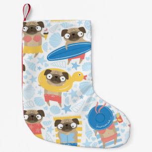Cute pugs on vacation. pattern with cartoon pug on small christmas stocking