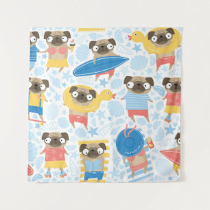 Cute pugs on vacation. pattern with cartoon pug on tapestry