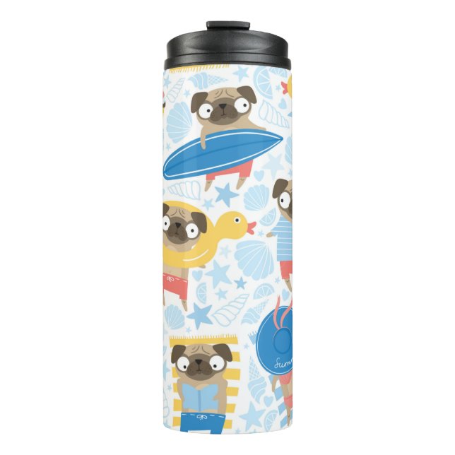 Cute pugs on vacation. pattern with cartoon pug on thermal tumbler (Front)