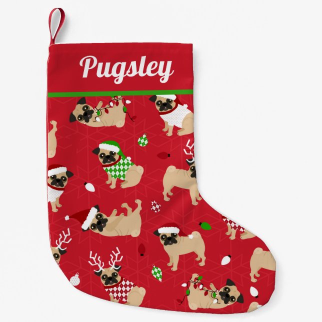 Cute Pugs Red Small Christmas Stocking (Front)